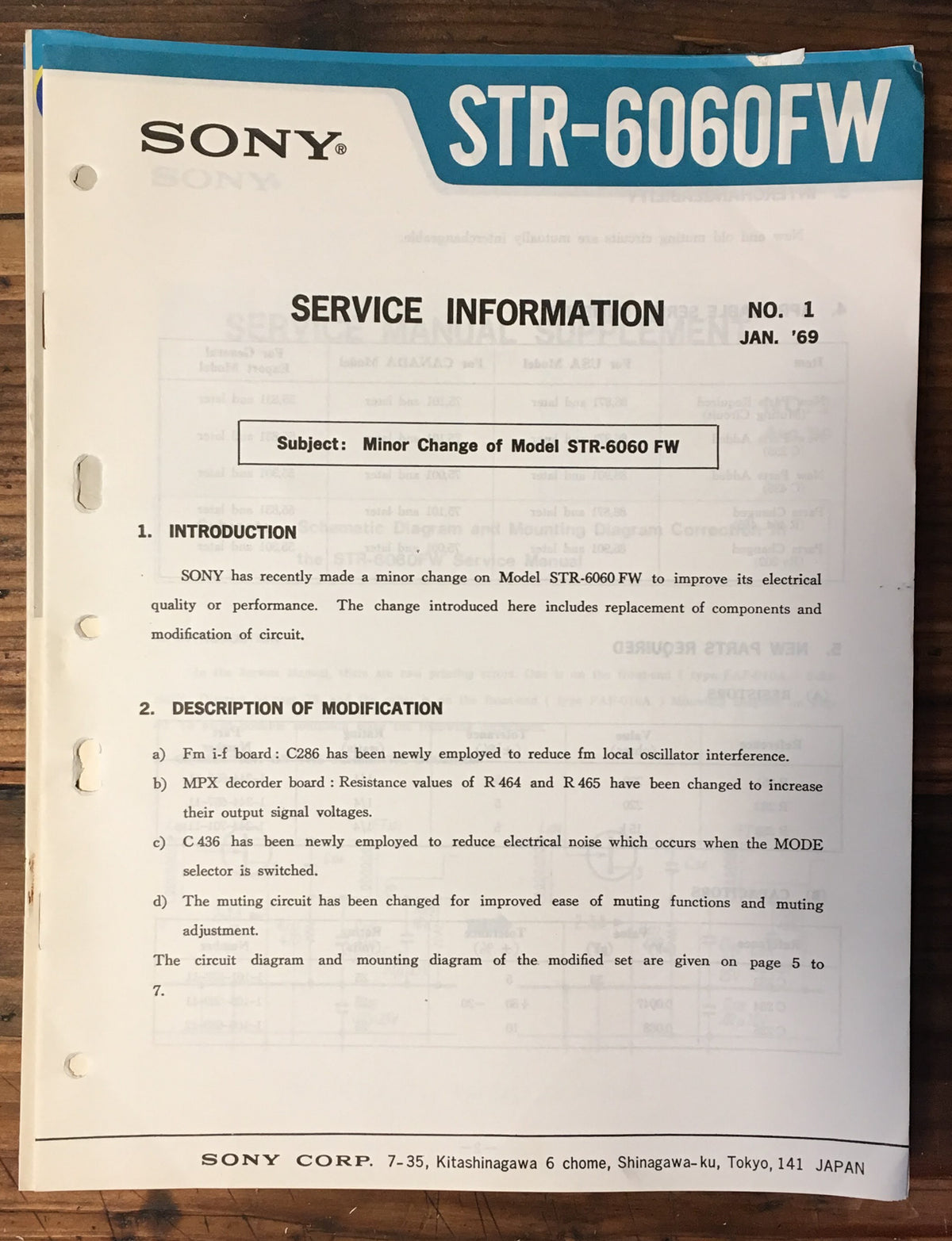 Sony STR-6060FW Receiver Service Manual Suppl. *Original*