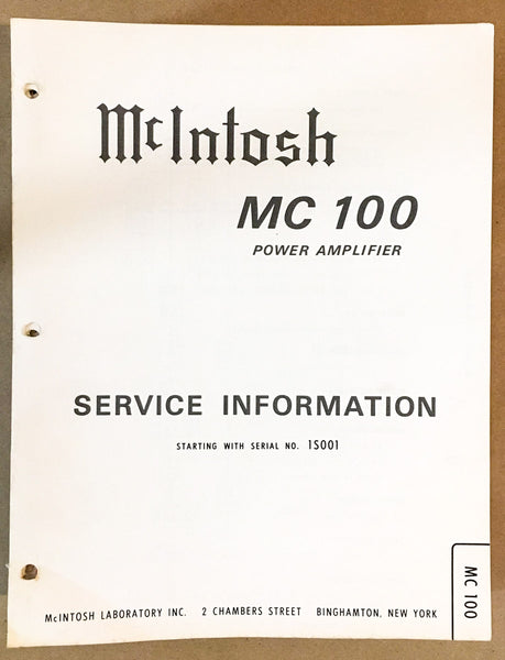McIntosh MC100 MC-100 Amplifier Service Manual *Original*
