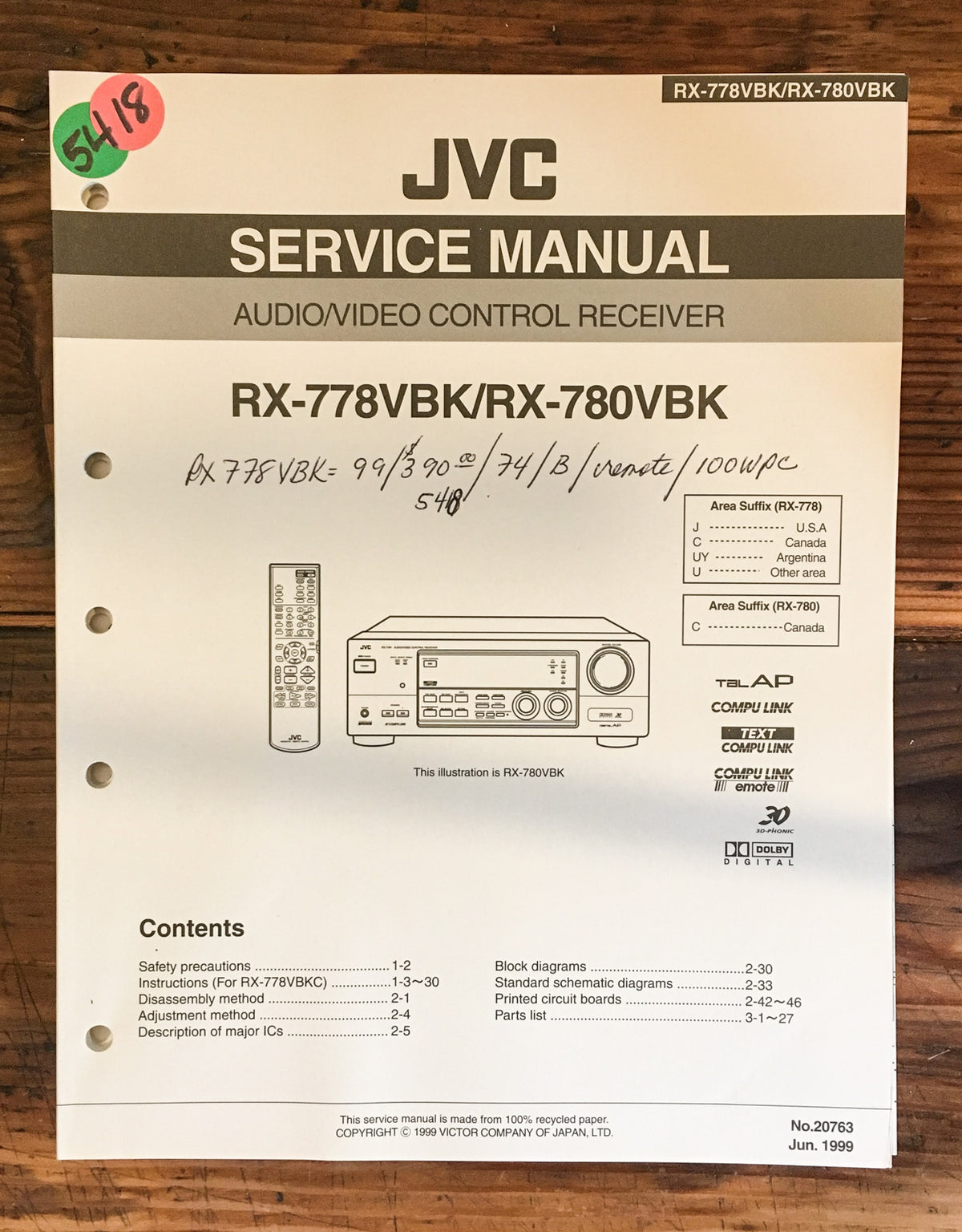 JVC RX-778 VBK RX-780 VBK Receiver Service Manual *Original*