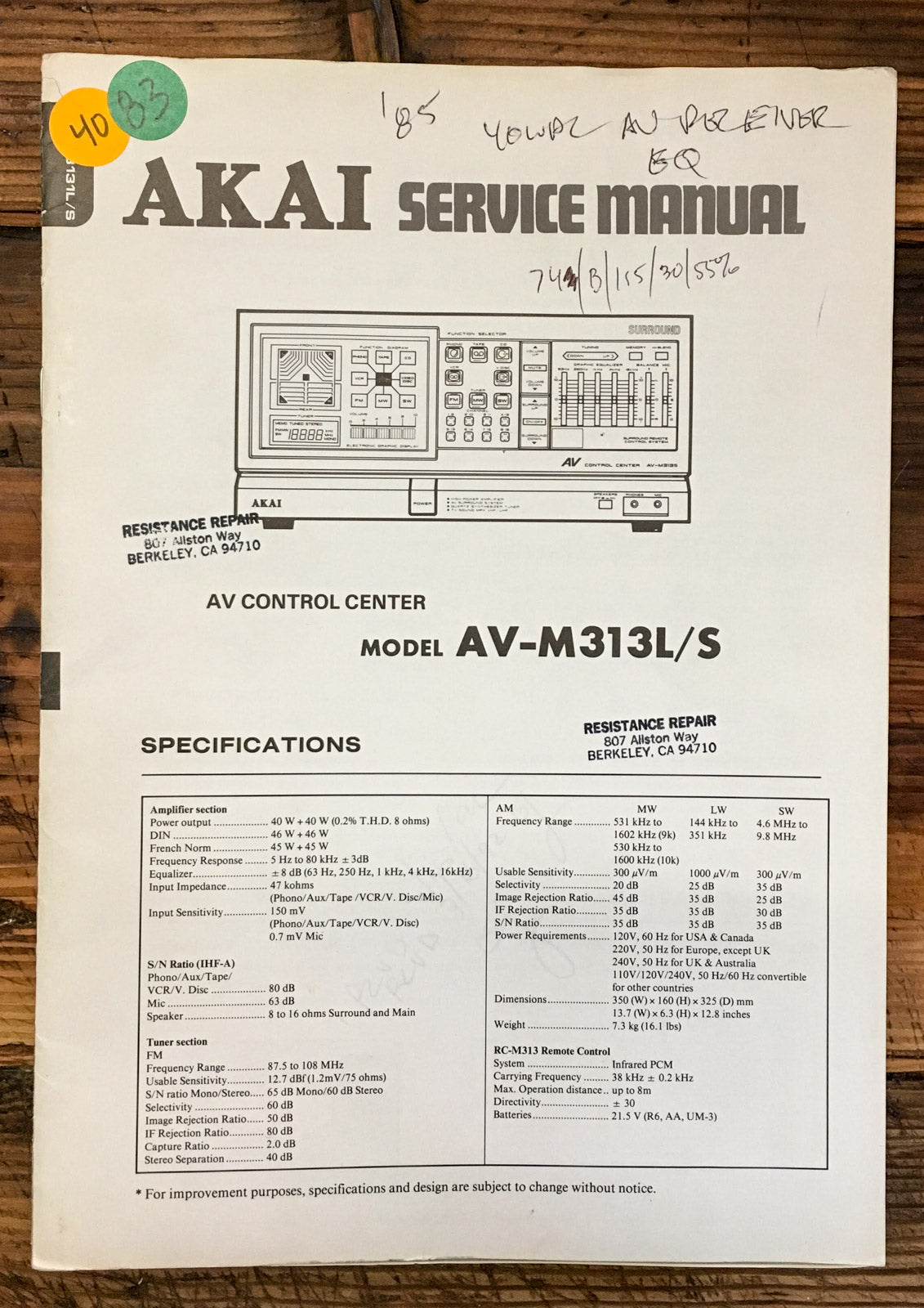 Akai AV-M313 L S AV Control Ceter Service Manual *Original*