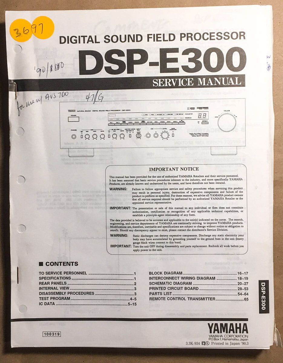 Yamaha DSP-E300 Digital Processor Service Manual *Original*