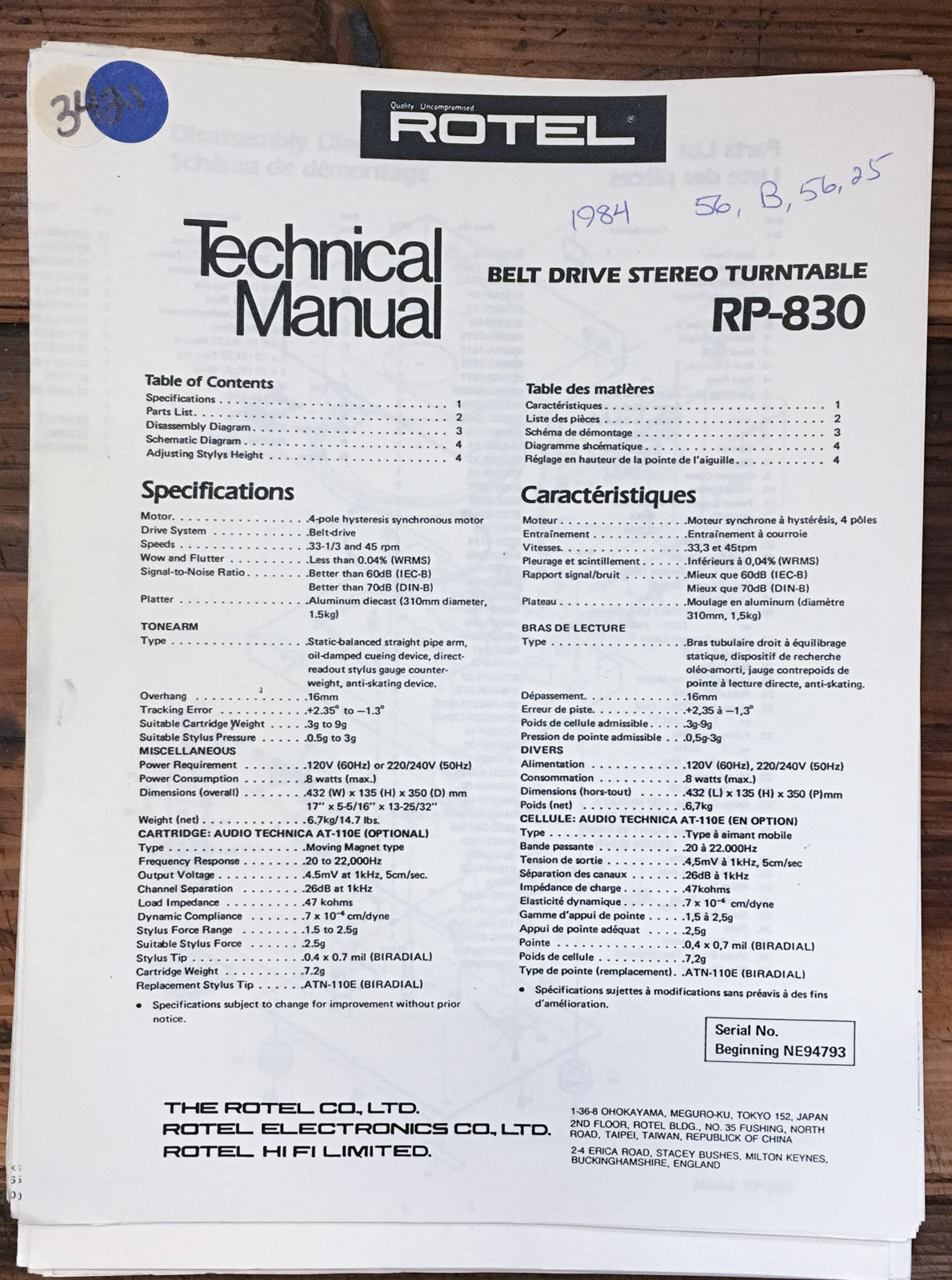 Rotel RP-830 Record Player / Turntable Service Manual *Original*