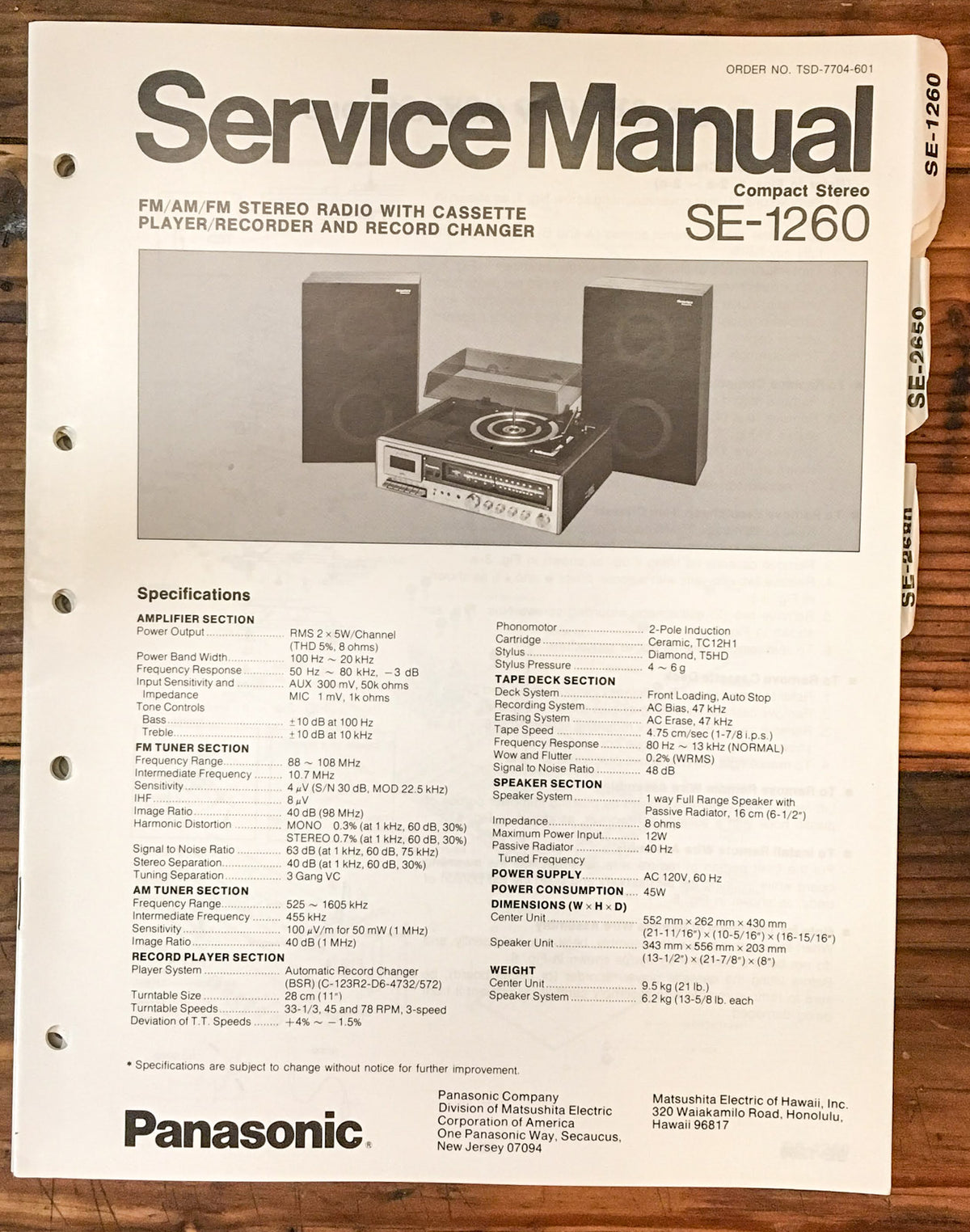 Panasonic SE-1260 Stereo Service Manual *Original*