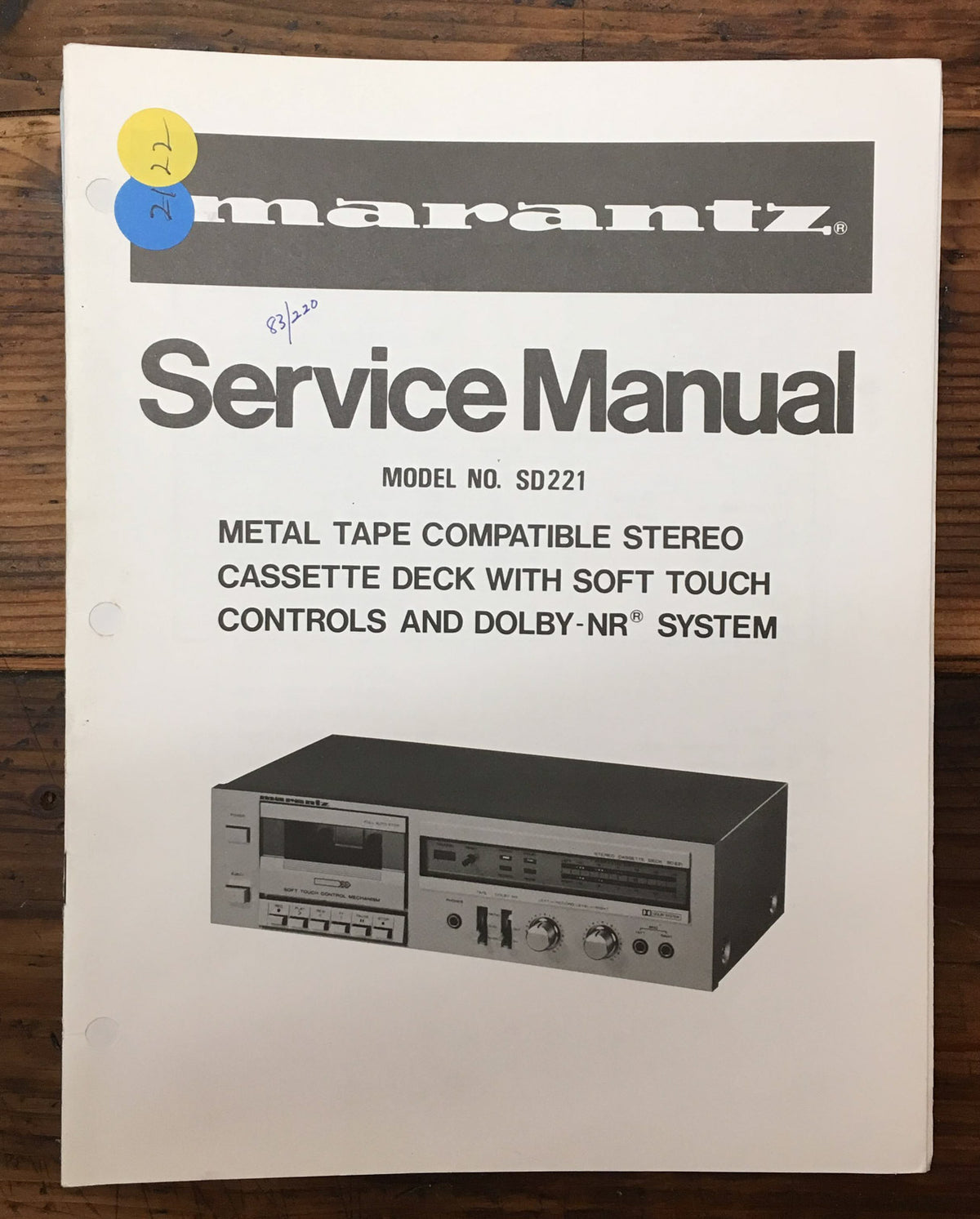 Marantz Model SD-221 SD221 Cassette Service Manual *Original*