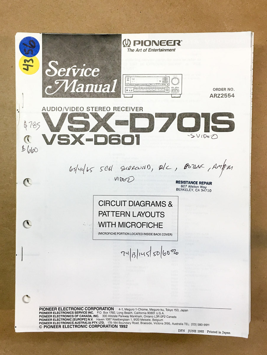 Pioneer VSX-D710S VSX-D601 Receiver Service Manual *Original*