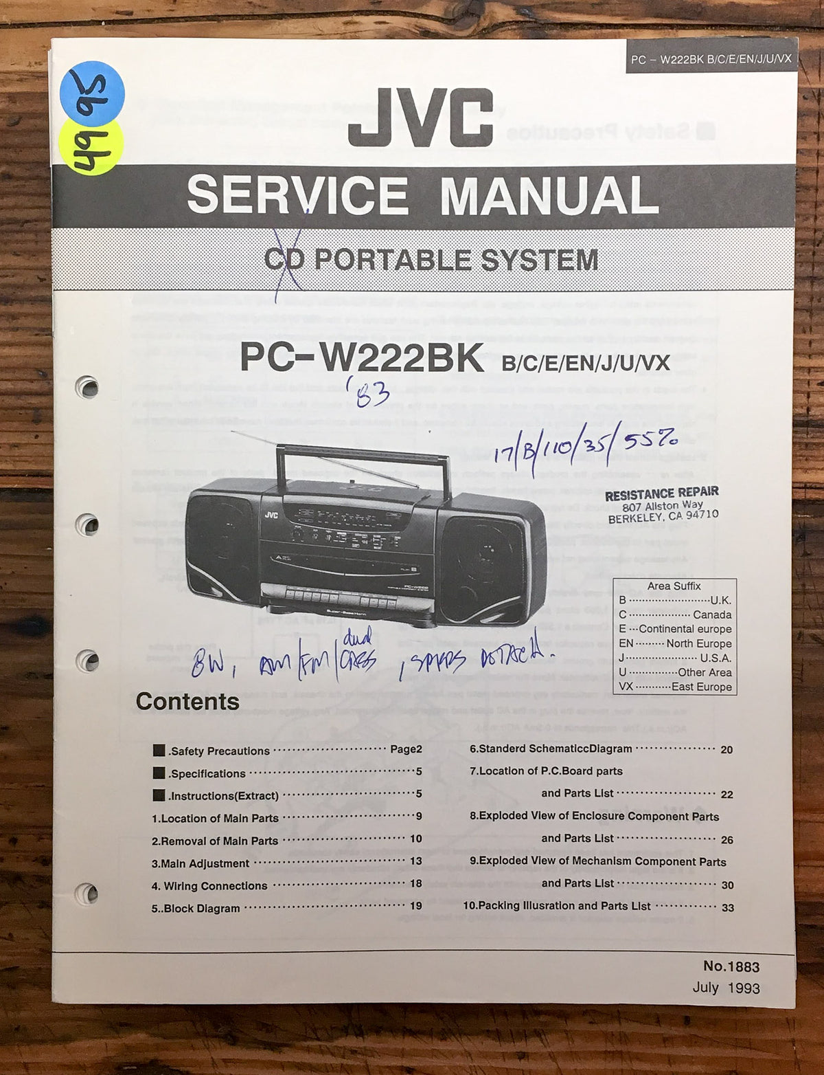 JVC PC-W222 BK Stereo Service Manual *Original*