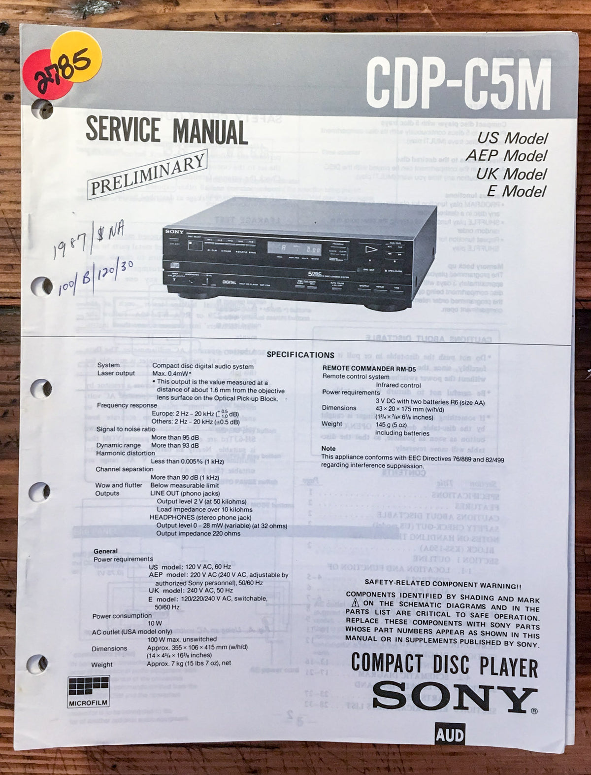 Sony CDP-C5M CD Player Service Manual *Original* #2