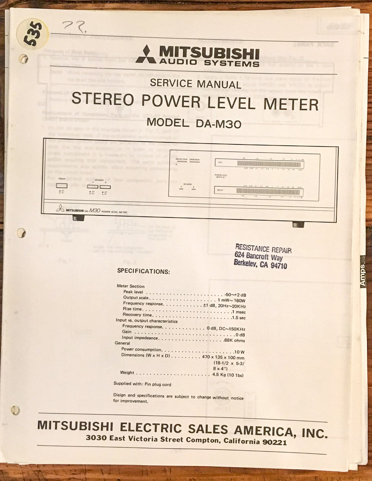 Mitsubishi DA-M30 Power Level Meter Service Manual *Original*