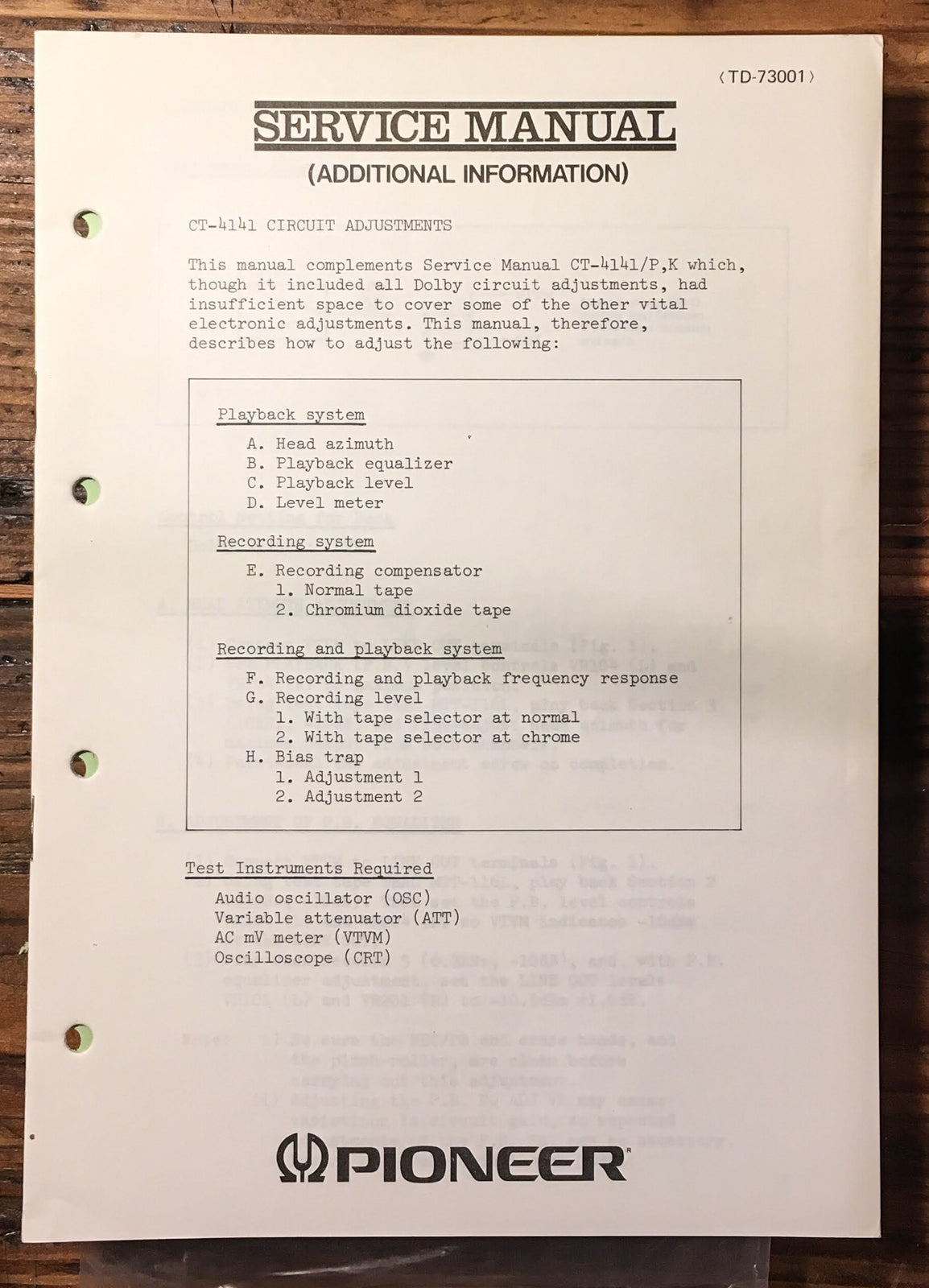 Pioneer CT-4141 Cassette Additional Service Manual *Original*