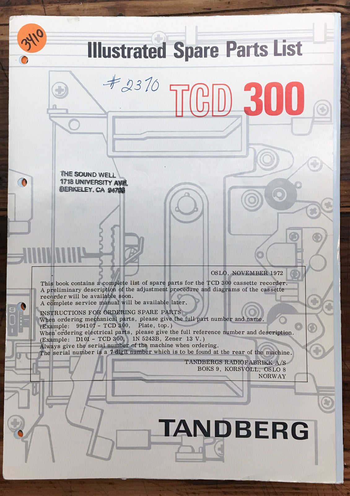 Tandberg TCD 300 / TCD-300 Cassette Parts List Manual *Original*
