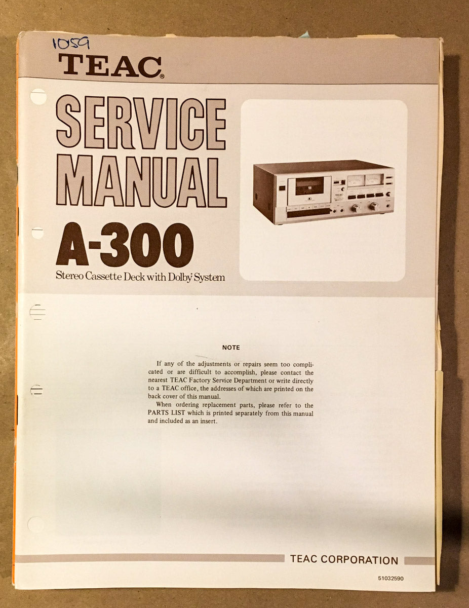 Teac / Tascam Model A-300 Cassette Service Manual *Original*