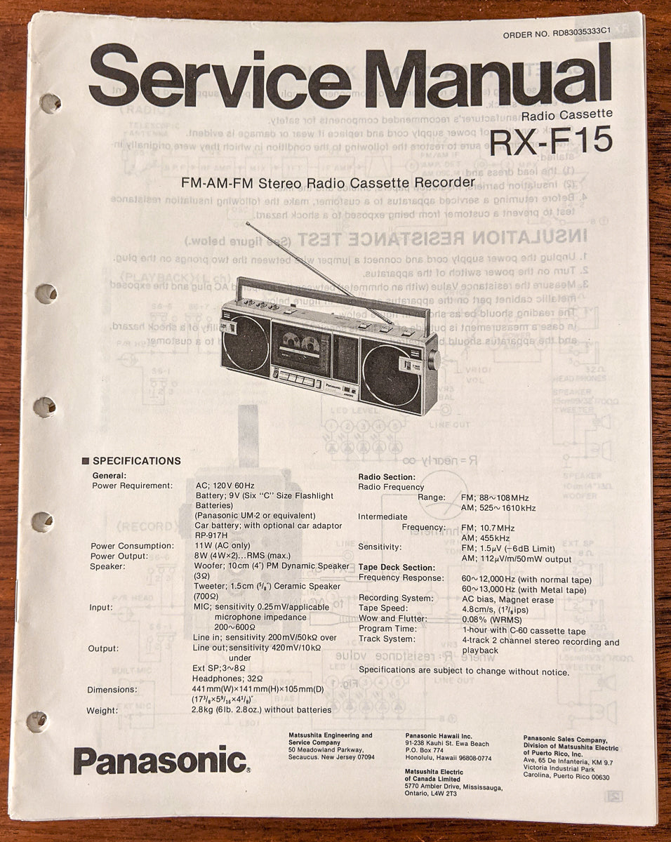 Panasonic RX-F15 Radio Cassette Service Manual *Original*