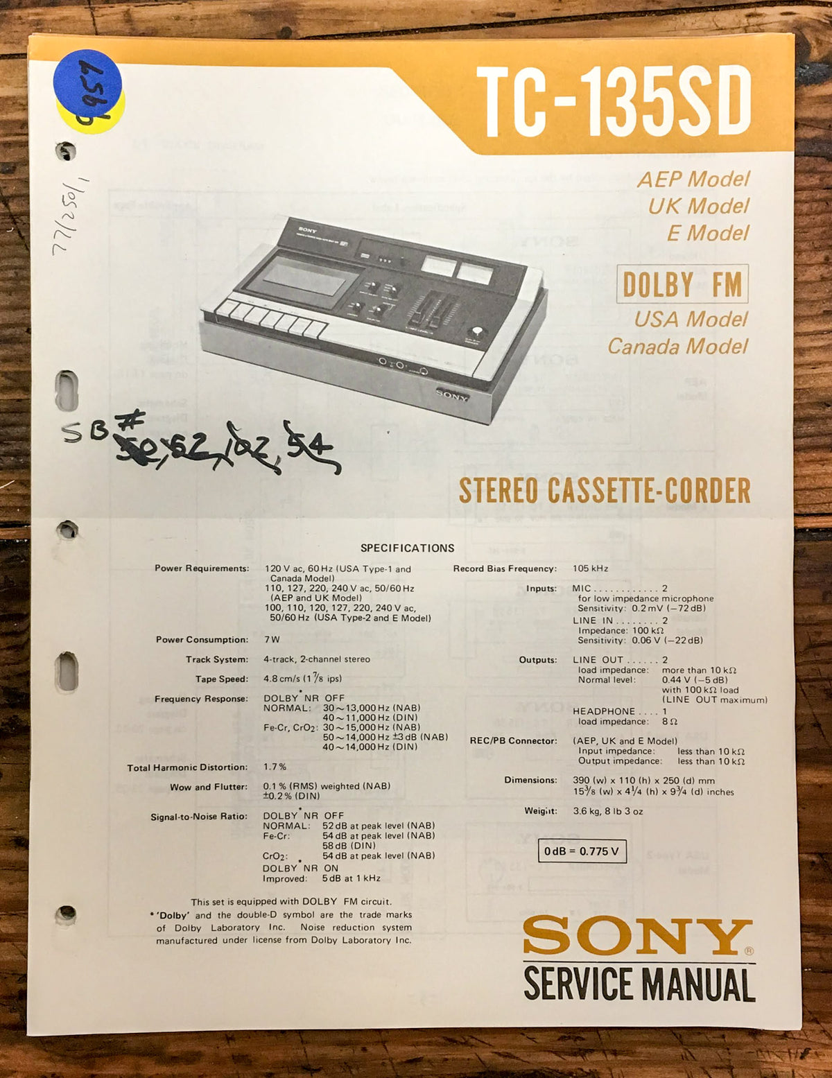 Sony TC-135SD Cassette Service Manual *Original*