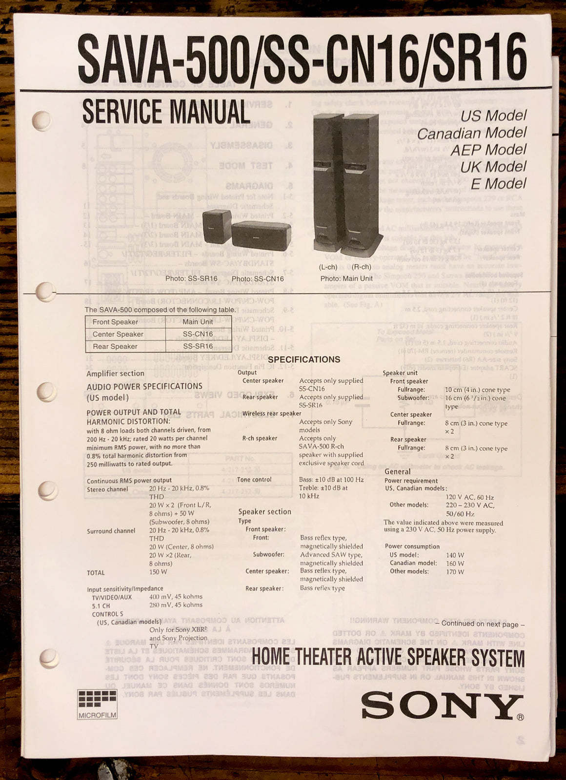 Sony SAVA-500 SS-CN16 -SR16 Speaker Service Manual *Original*