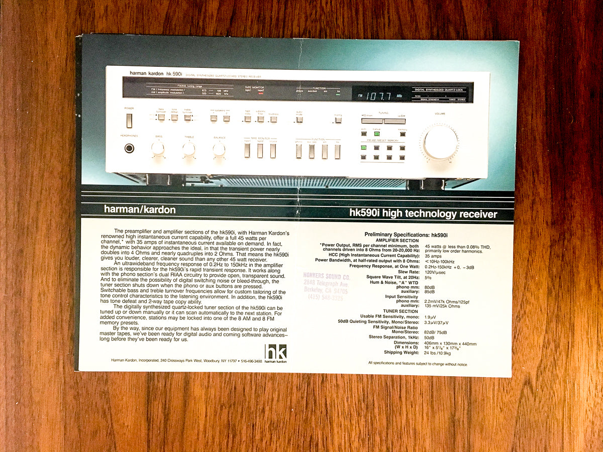 Harman Kardon HK590i / HK 590i Receiver Dealer Sales Sheet / Specs *Original*