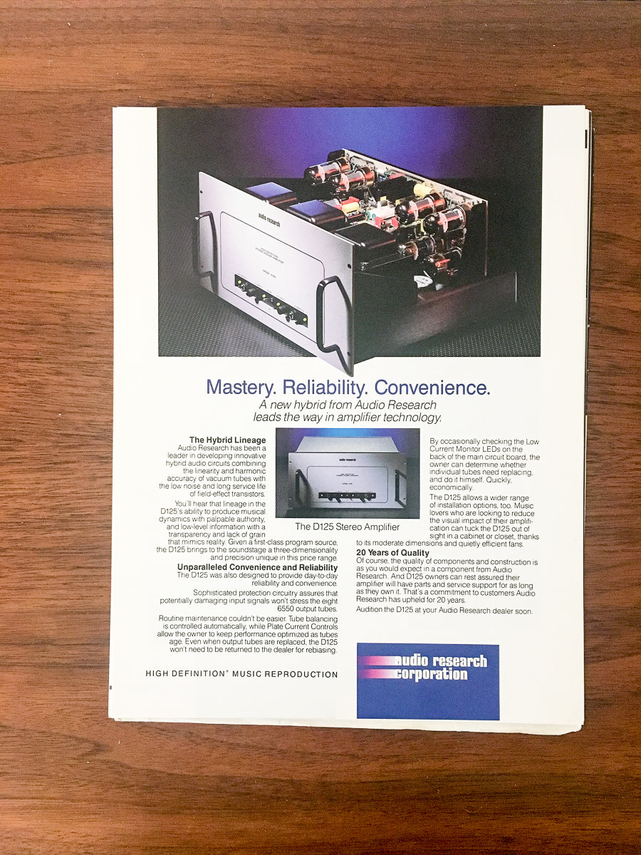 Audio Research D125 / D-125 Amplifier Dealer Sales Sheet / Specs *Orig*
