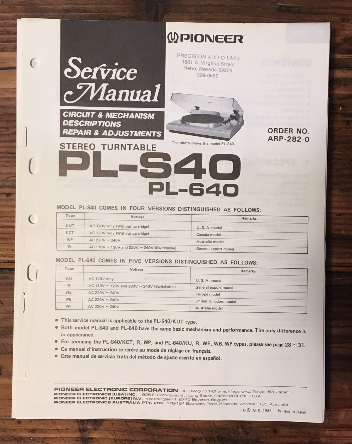 Pioneer PL-S40 PL-640 Record Player / Turntable Service Manual *Original*
