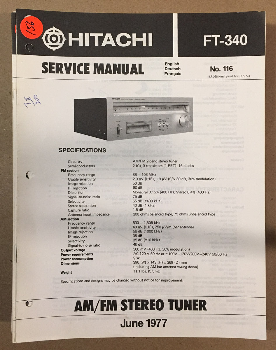 Hitachi FT-340 Tuner Service Manual *Original*
