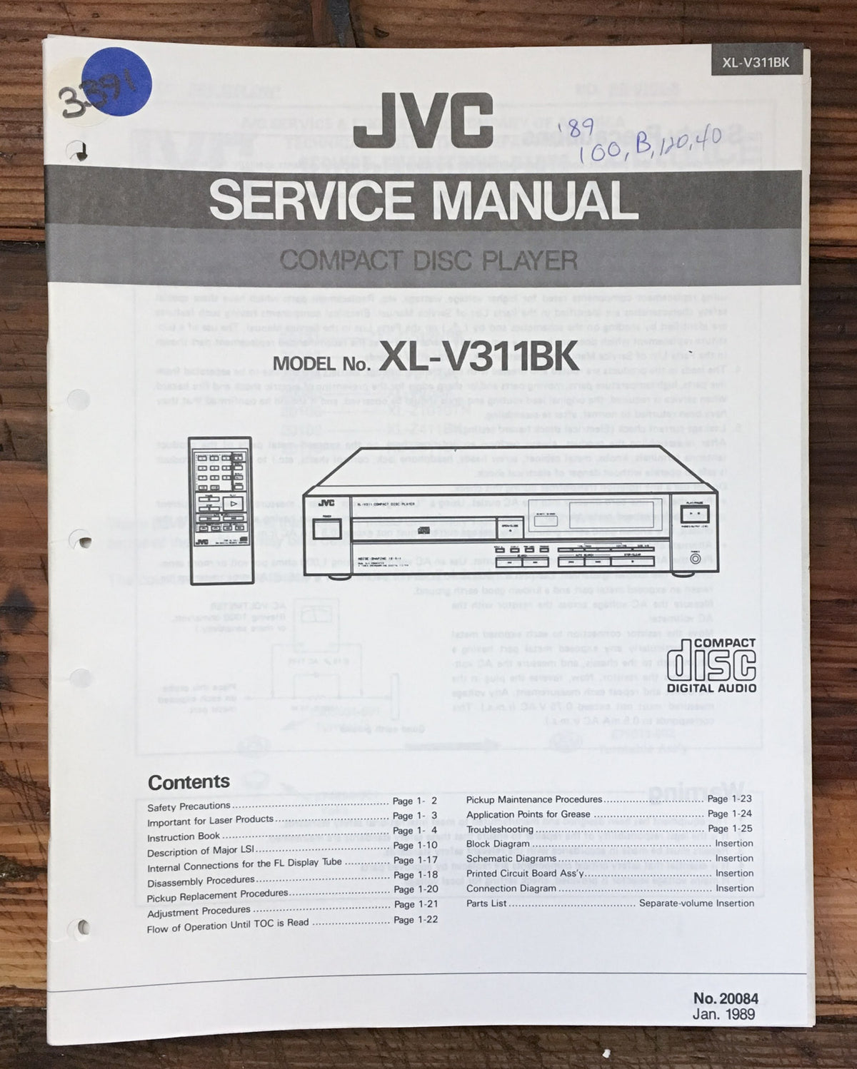 JVC XL-V311 BK CD Player Service Manual *Original*