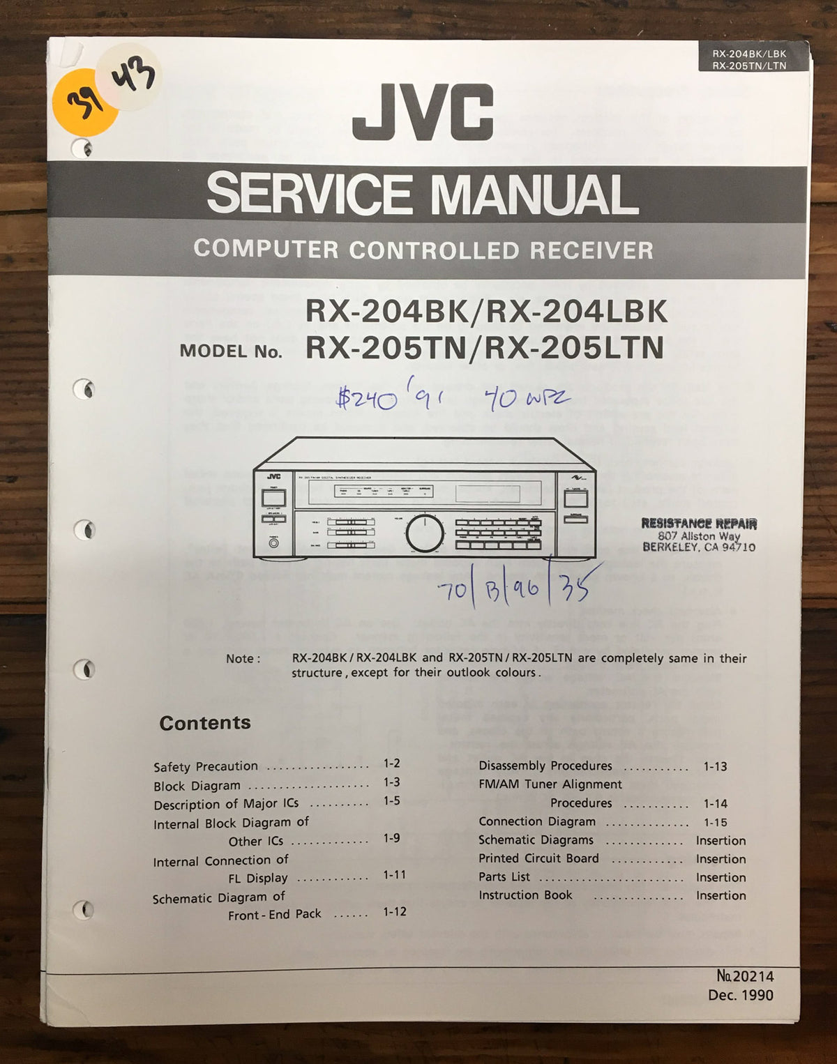 JVC RX-204 RX-205 Receiver Service Manual *Original*