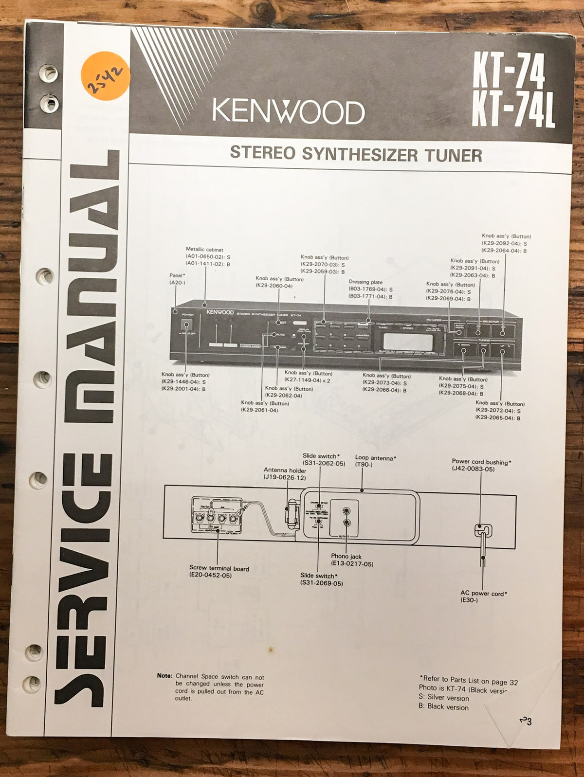 Kenwood KT-74 -74L Tuner Service Manual *Original*