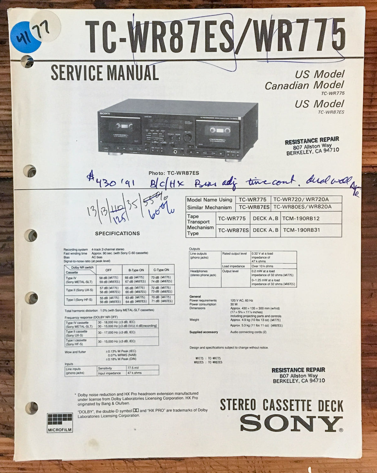 Sony TC-WR87ES TC-WR775 Cassette Deck Service Manual *Original*