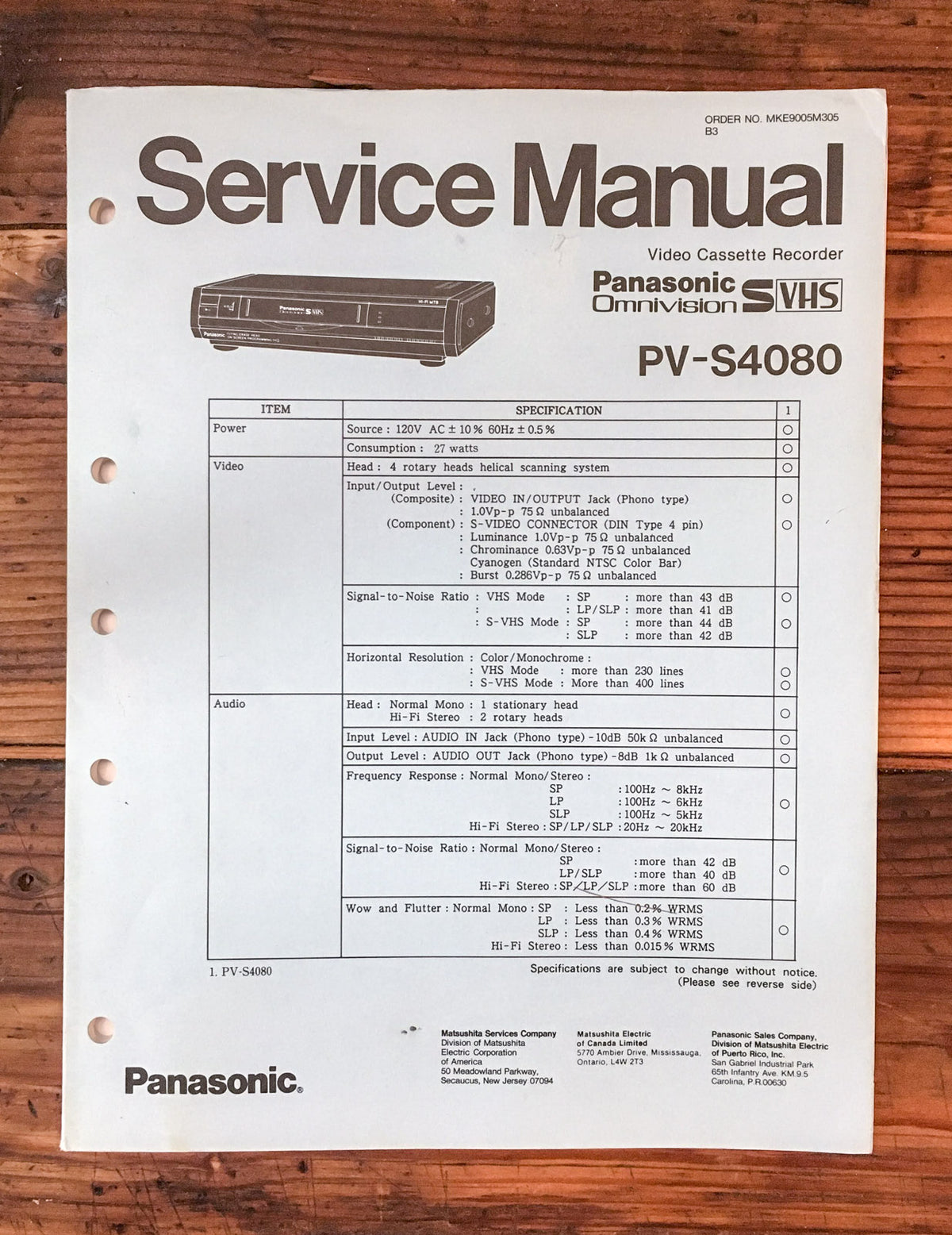 Panasonic PV-S4080 VCR / Video Cassette Service Manual *Original*
