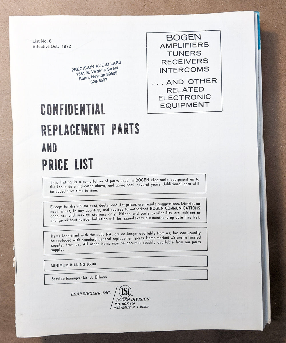*Original* Bogen Amplifiers Receivers Confidential Parts and Price List #1