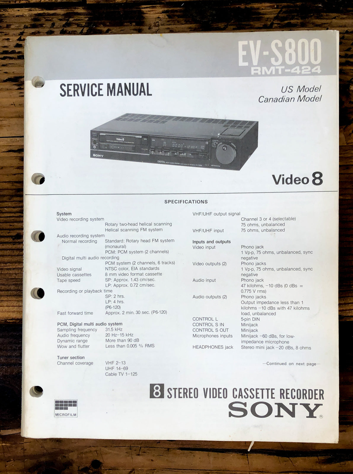 Sony EV-S800 Video 8 VCR Service Manual *Original*
