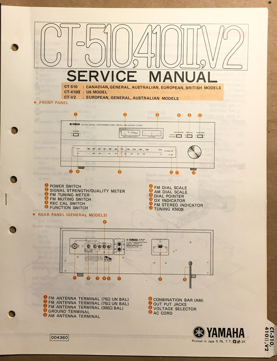 Yamaha CT-410 II CA-510 V2 Tuner Service Manual *Original*
