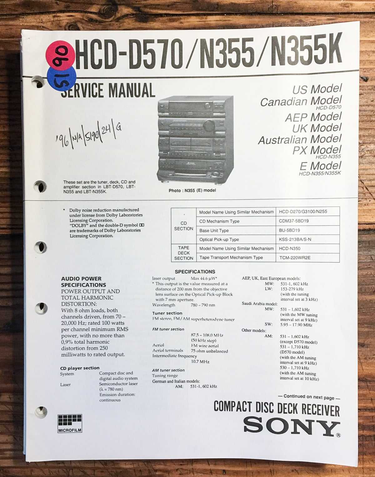 Sony HCD-D570 HCD-N355 HCD-N355K Stereo Service Manual *Original*