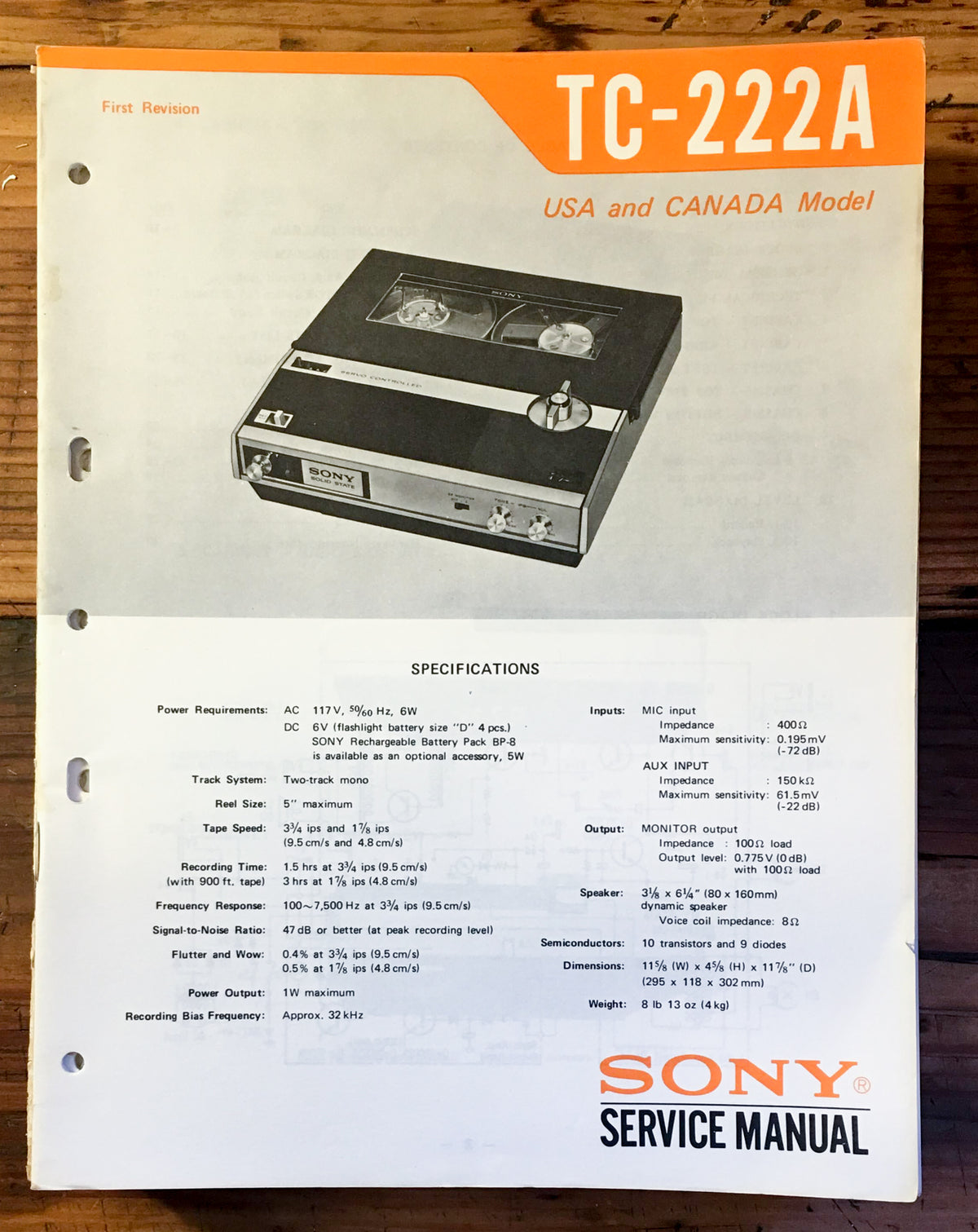Sony TC-222A Cassette Service Manual *Original*