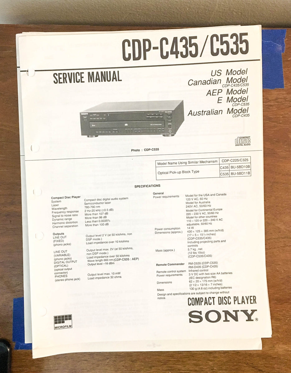 Sony CDP-C435 C535 CD Player Service Manual *Original* – Vintage