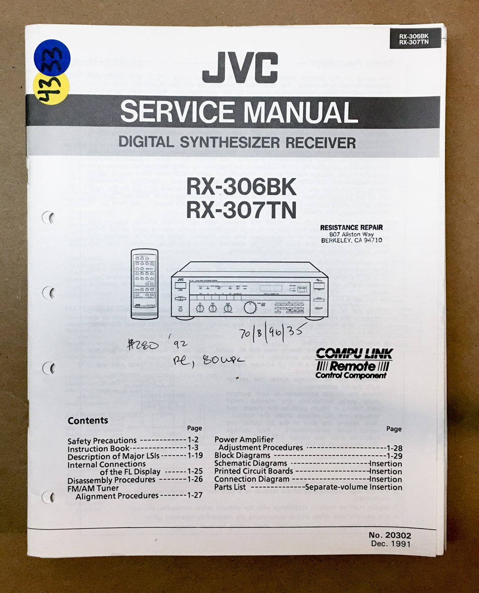JVC RX-306 BK RX-307 TN Receiver Service Manual *Original*
