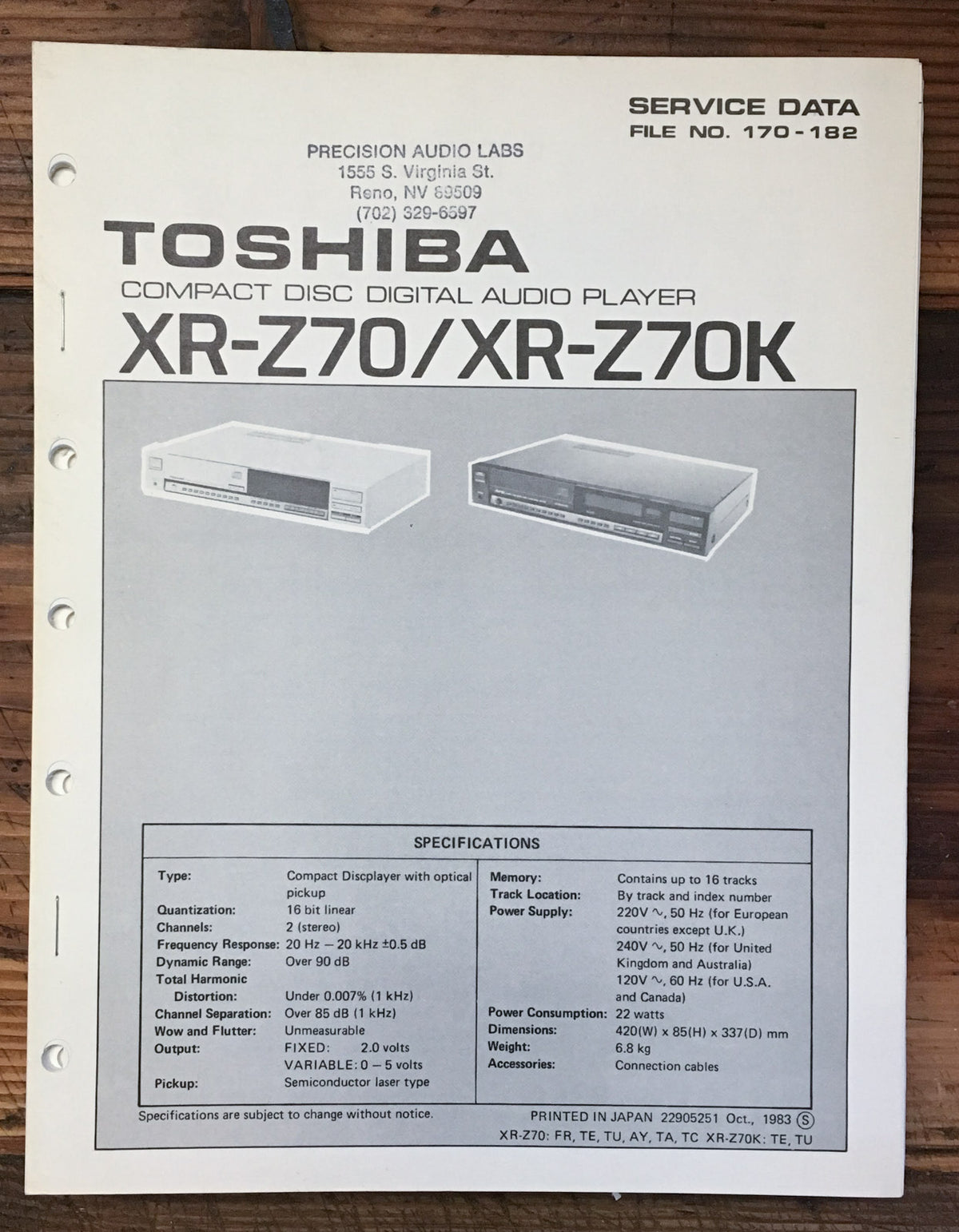 Toshiba XR-Z70 XR-Z10K CD Player Service Manual *Original*