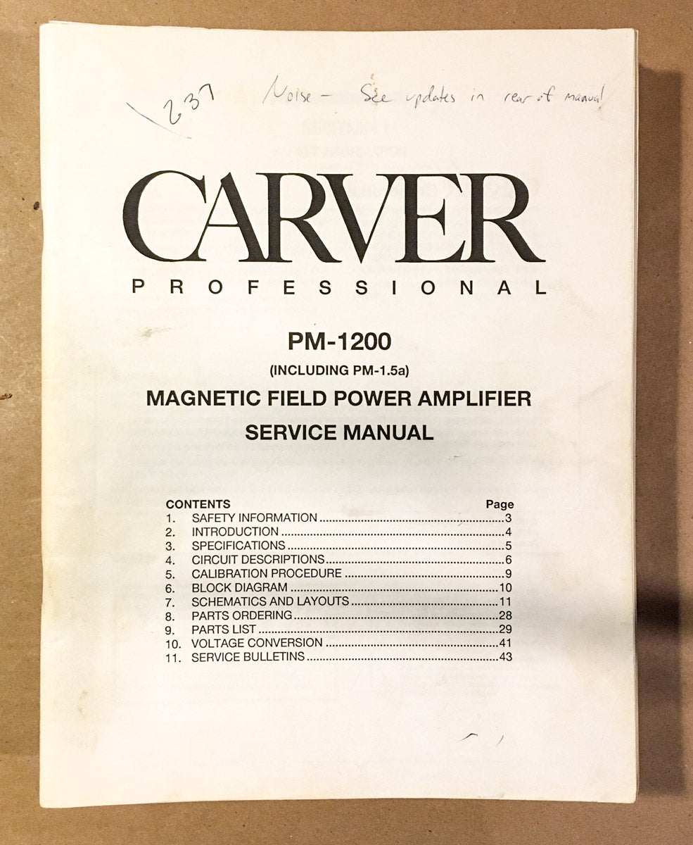 Carver PM-1200 / PM-1.5A Amplifier Service Manual *Original*