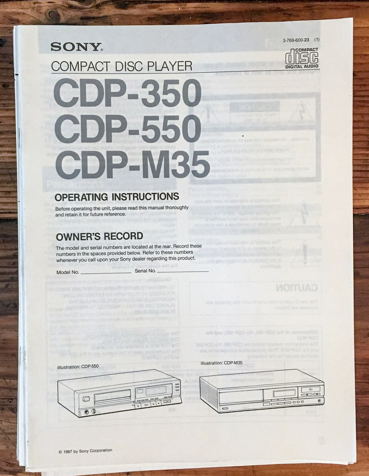 Sony CDP-350 CDP-550 CDP-M35 CD Player Service Manual *Original*