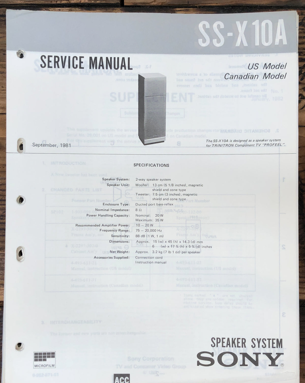 Sony SS-X10A Speaker Service Manual *Original*