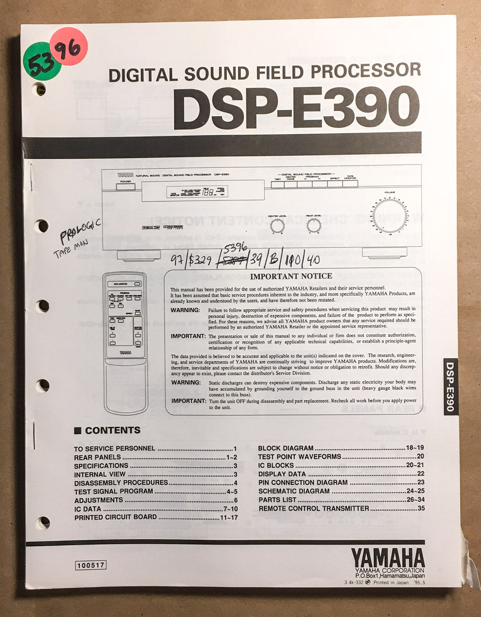 Yamaha DSP-E390 Digital Processor Service Manual *Original*