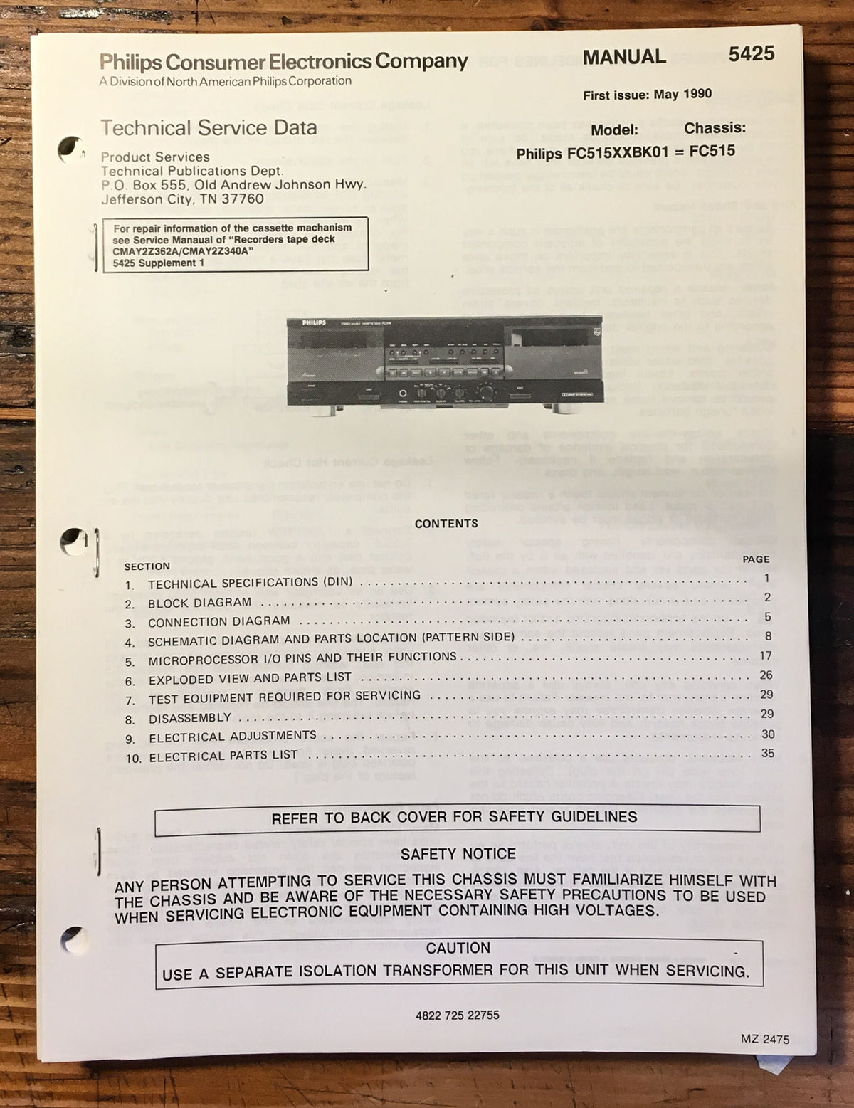 Philips FC515 FC-515 Cassette Service Manual *Original*