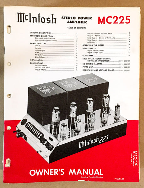 McIntosh MC225 MC-225 Tube Amplifier Service Manual *Original*