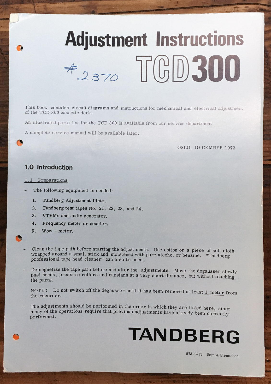 Tandberg TCD 300 / TCD-300 Cassette Adjustment Manual *Original*