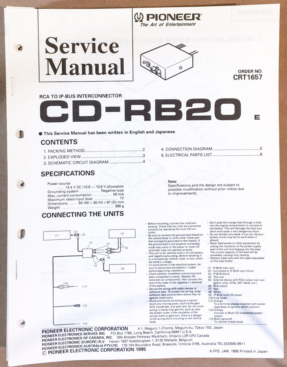 Pioneer CD-RB20 RCA TO IP BUS Service Manual *Original*