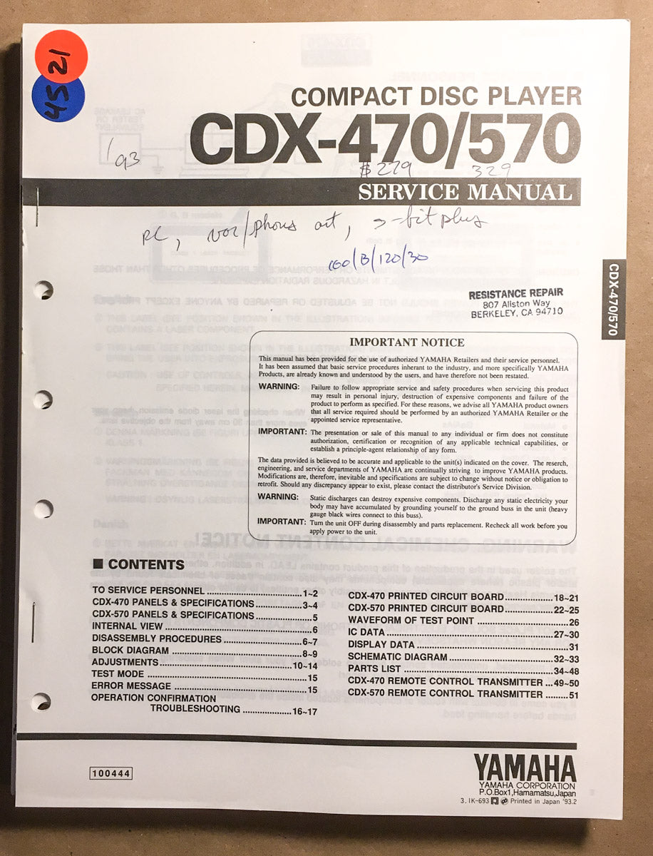 Yamaha CDX-470 CDX-570 CD Player Service Manual *Original*