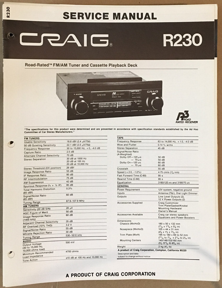Craig Model R230 Car Radio Service Manual *Original*