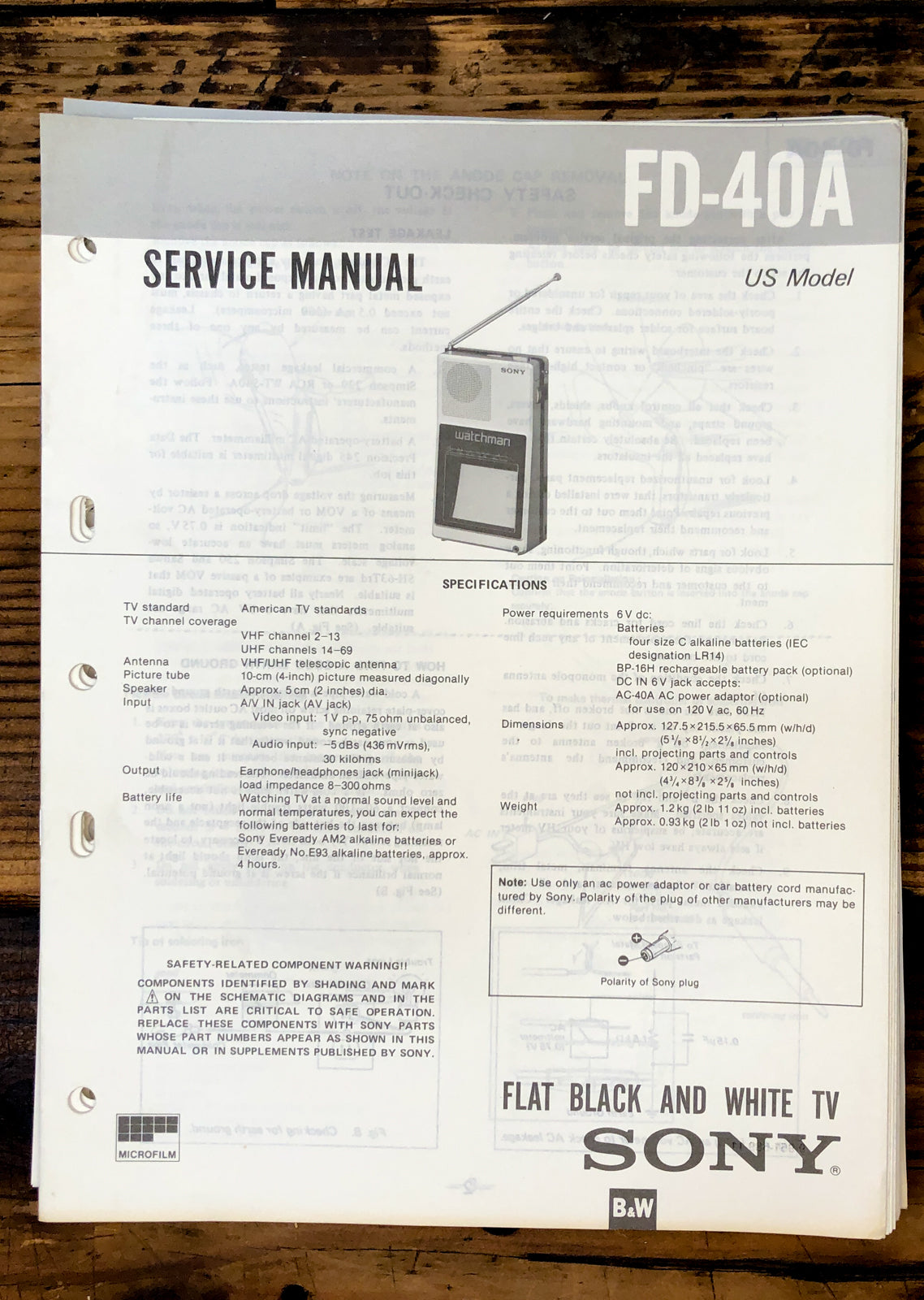 Sony FD-40A Watchman TV Service Manual *Original*