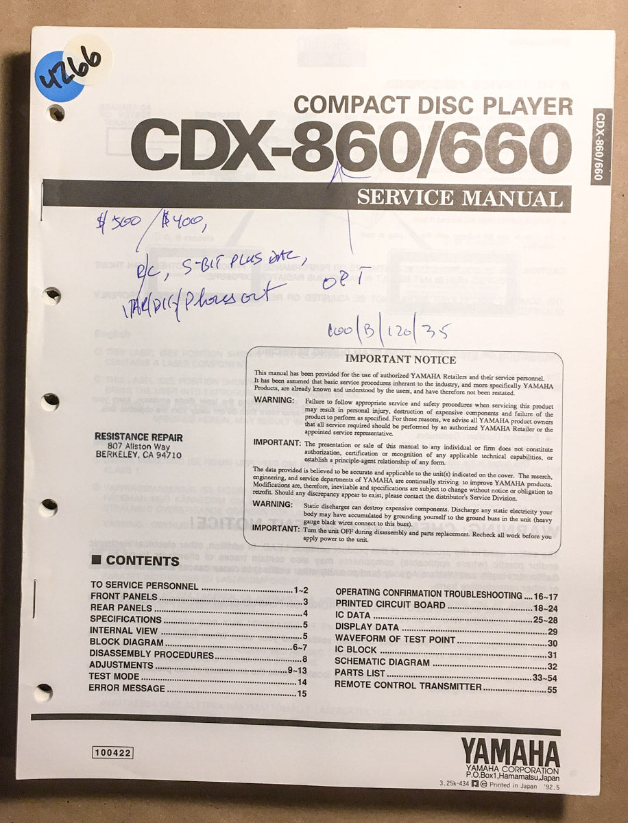 Yamaha CDX-860 CDX-660 CD Player Service Manual *Original*