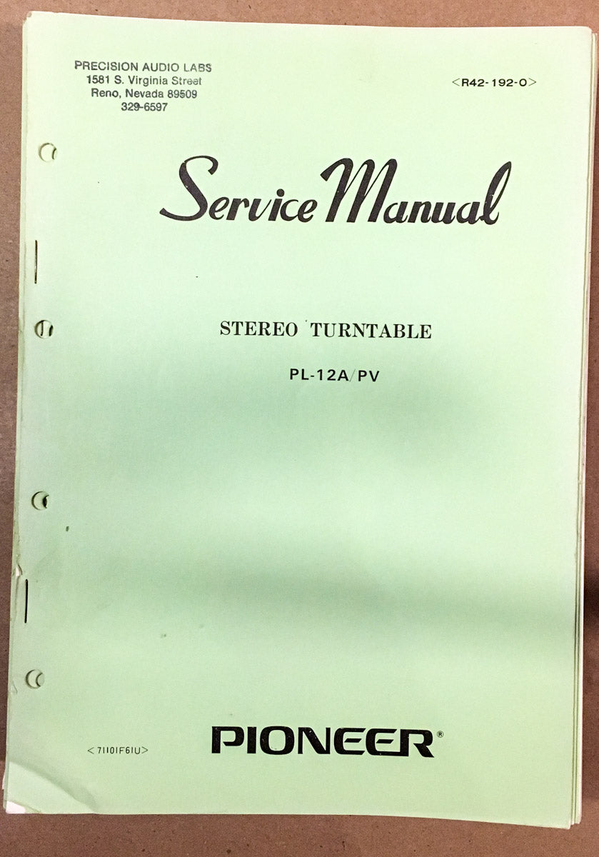 Pioneer PL-12A Turntable / Record Player Service Manual *Original*