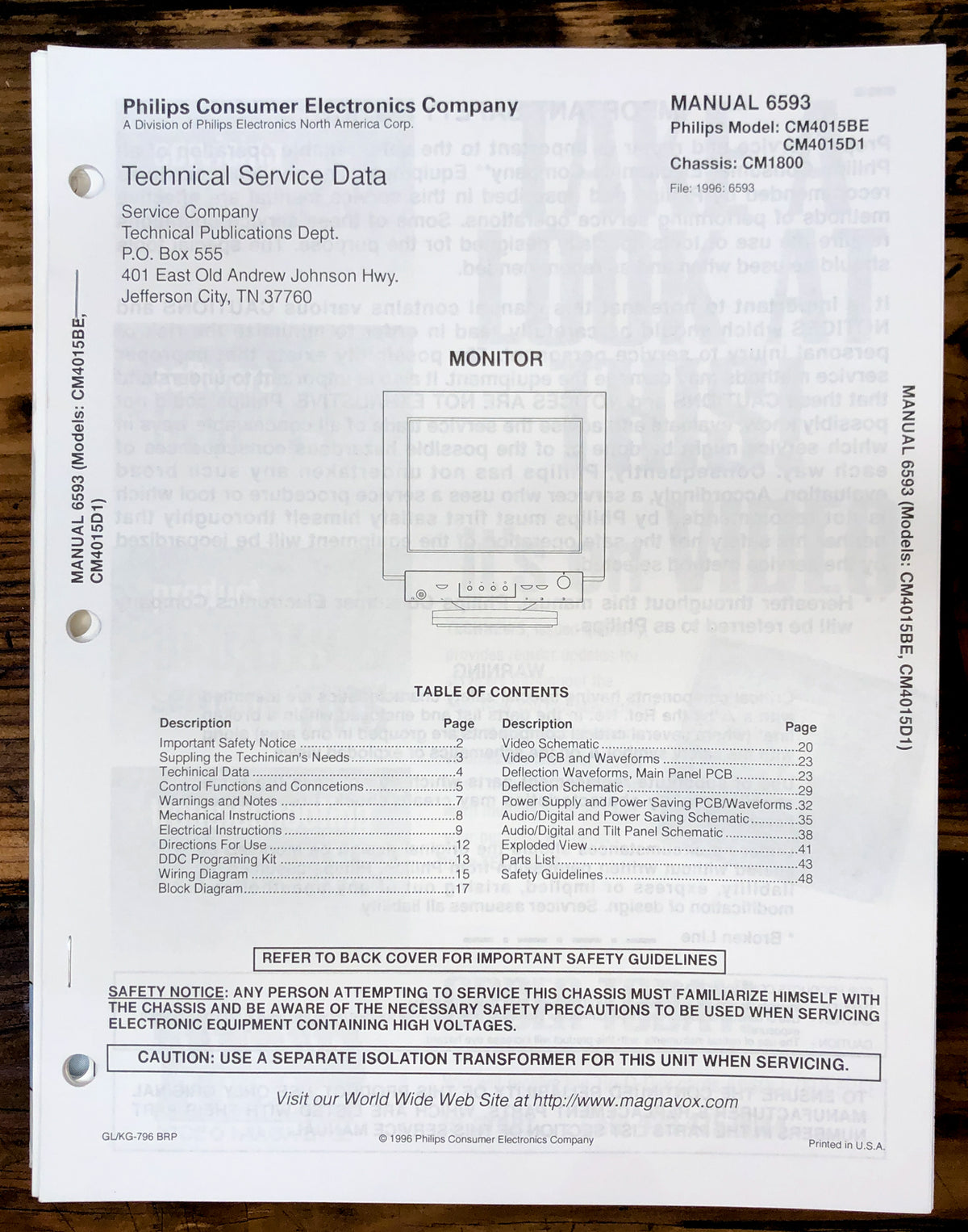 Philips/Magnavox CM4015BE CM4015D1 CM1800 Monitor Service Manual *Original*