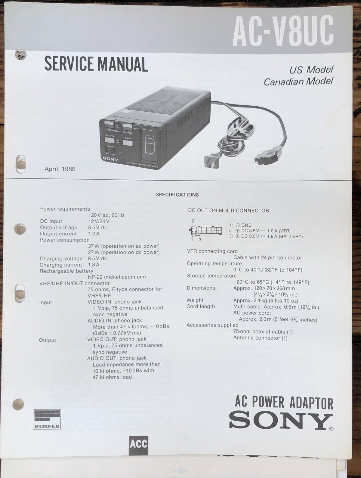 Sony AC-V8UC Charger Service Manual *Original*